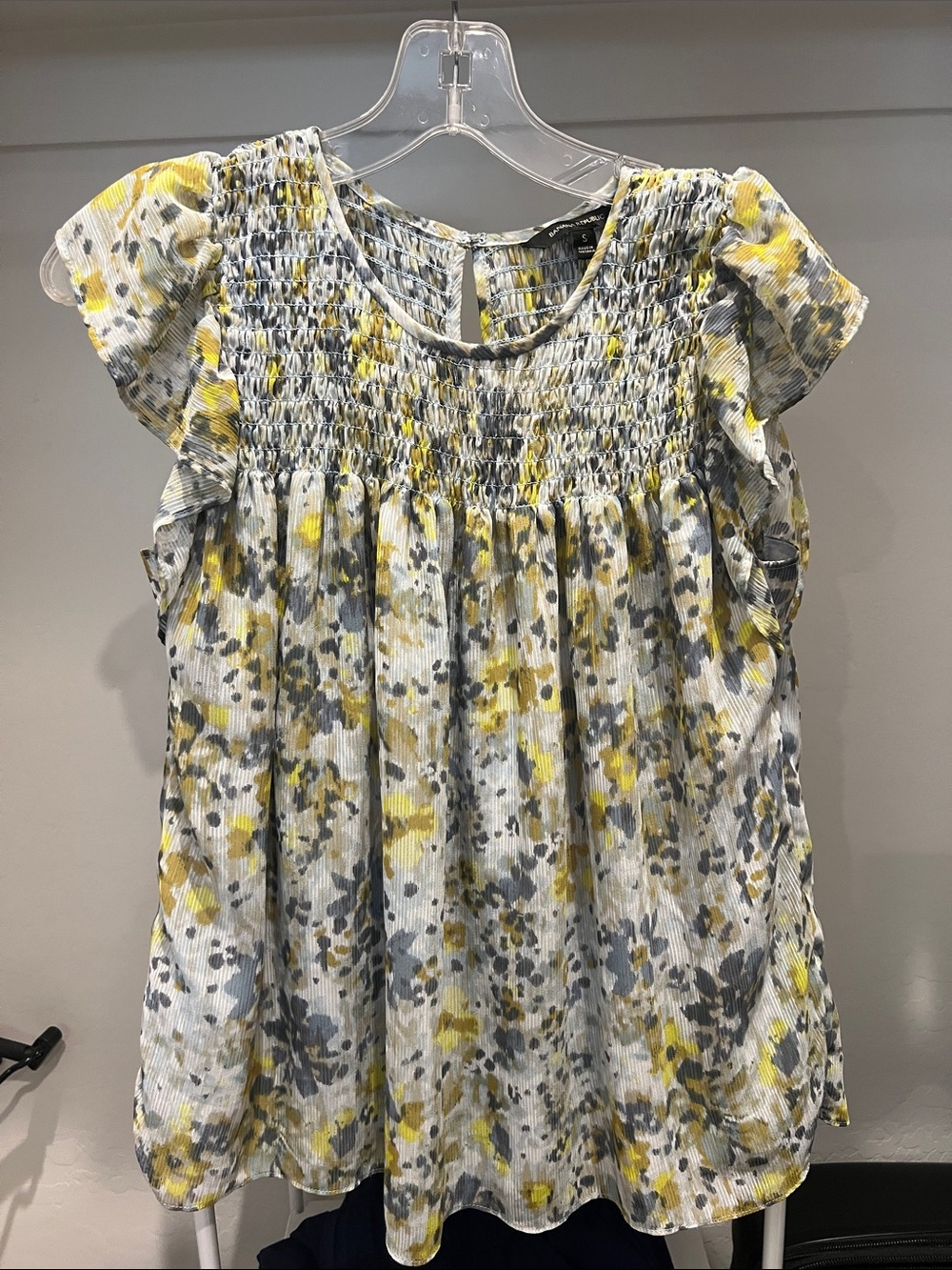 Banana Republic Yellow Gray Floral Smocked Flutter Sleeve Blouse